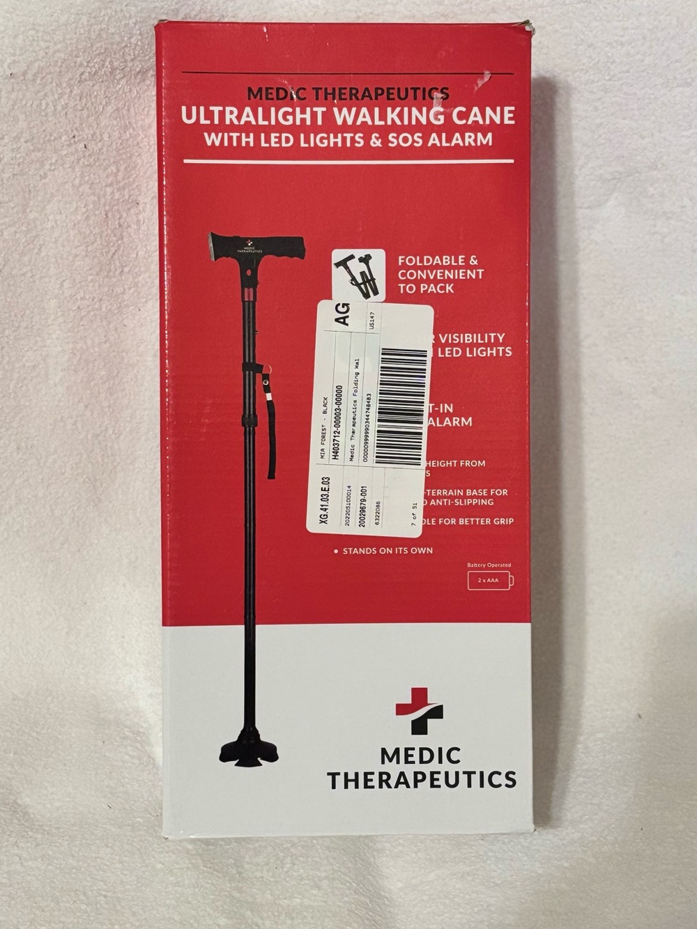 Ultralight Walking Cane with LED Lights & SOS Alarm - Black/Red
